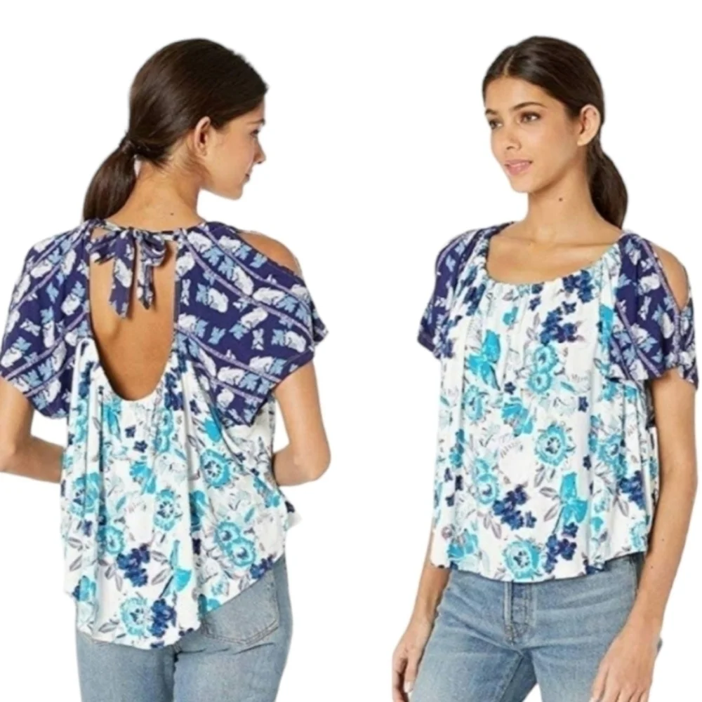 FREE PEOPLE Blue Floral Boho Baja Babe Open Tie Back Cold Shoulder NWT